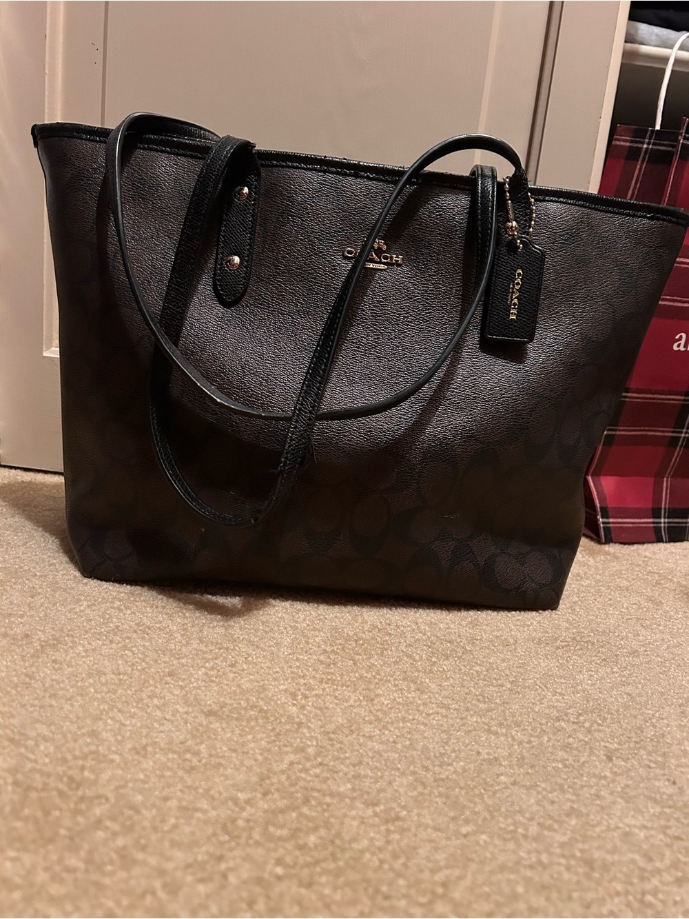 Coach Black Signature Tote with Leather Trim